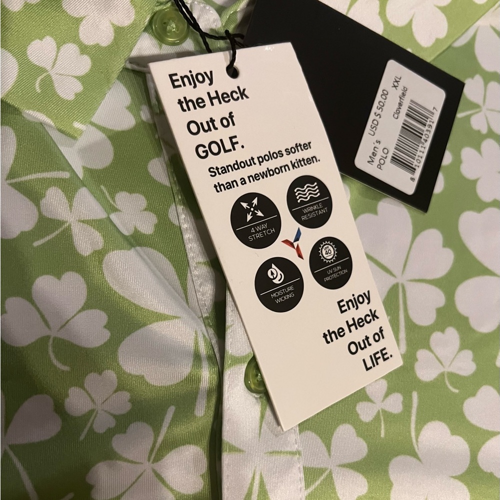YATTA Golf Men’s Cloverfield All Over St. Patricks Day Green Polo Shirt Size 2XL - Picture 2 of 6